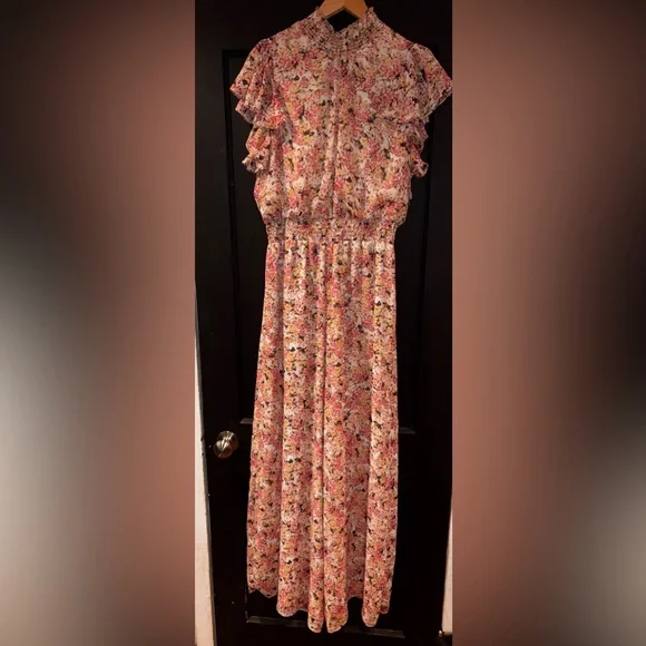 MSK Pink Multi Floral Ruffle Sleeve Wide Leg Jumpsuit Size XL Elastic Waist - Picture 3 of 10